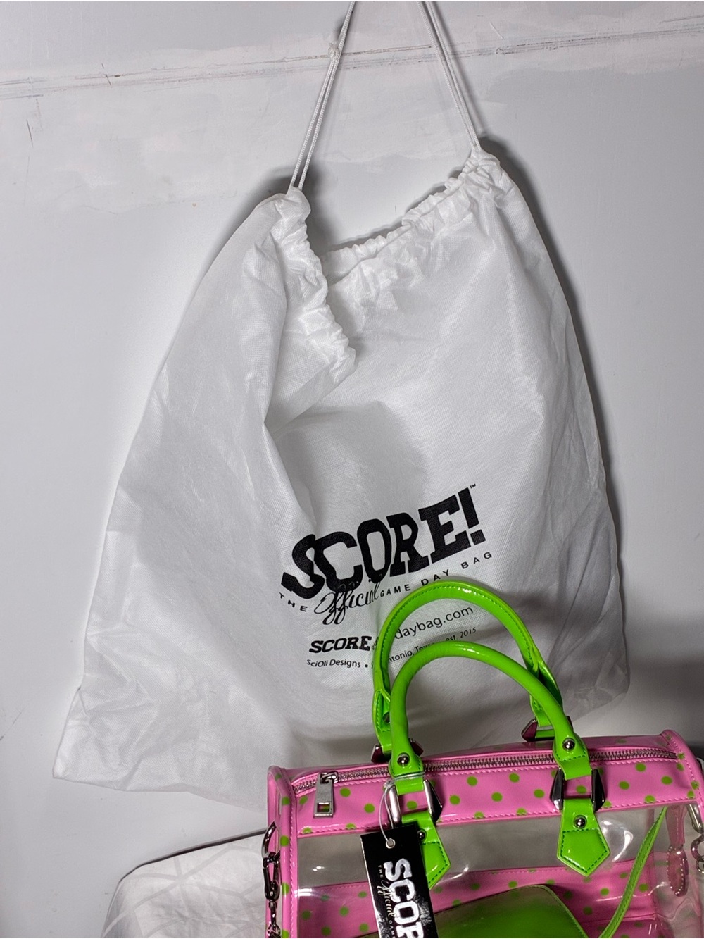 Stadium approved Clear bag NWT Dustbag bagcharm incl. pink lime green polkadot - Picture 14 of 17